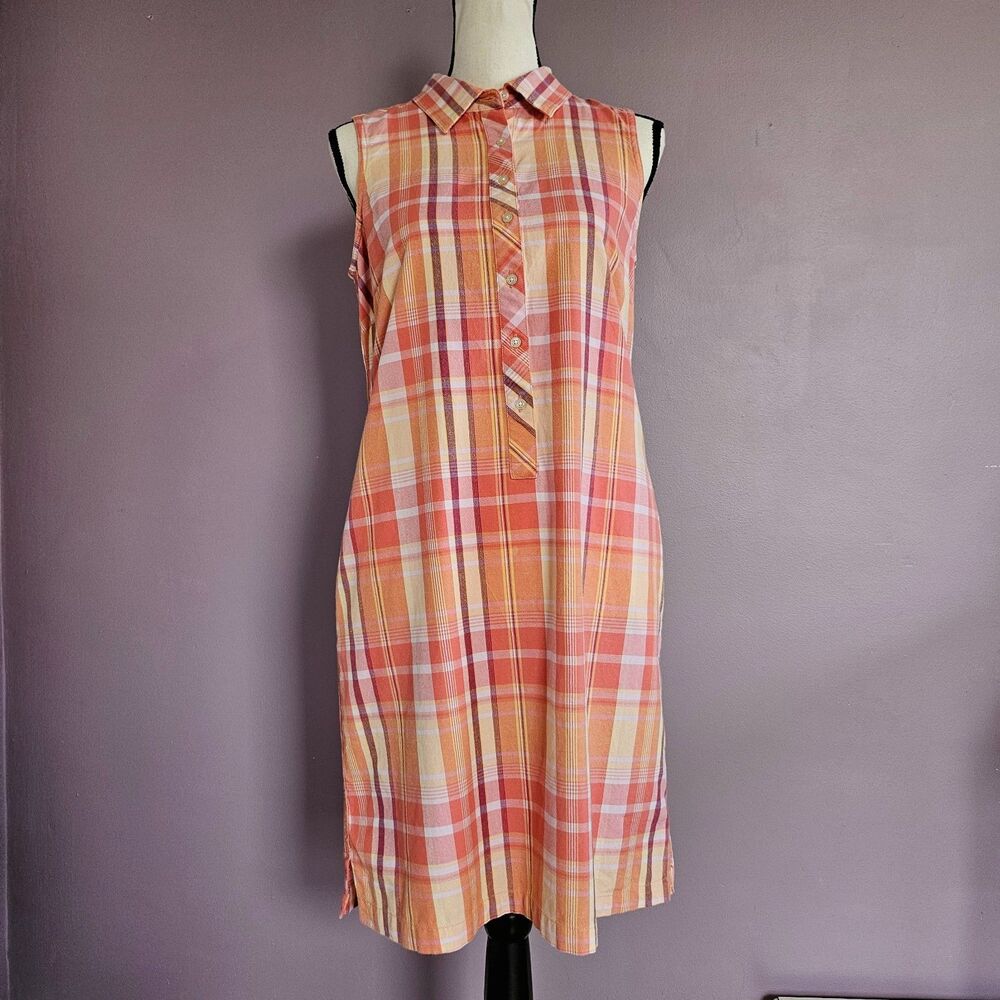Talbots 100% Cotton Plaid Collared Henley Sleeveless Knee Length Summer Dress